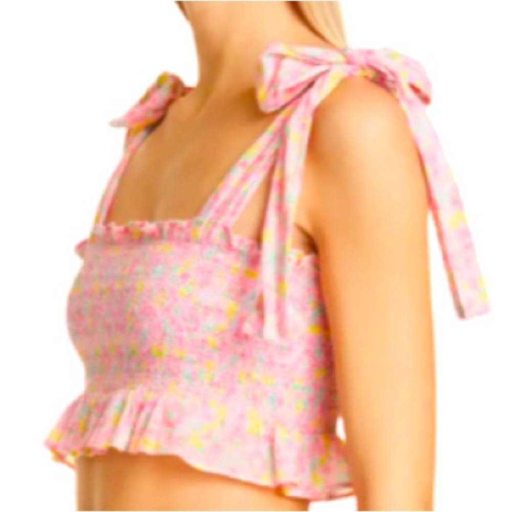 NWT LoveShackFancy Norleen Smocked Cropped Top in Melon Punch- Sz S